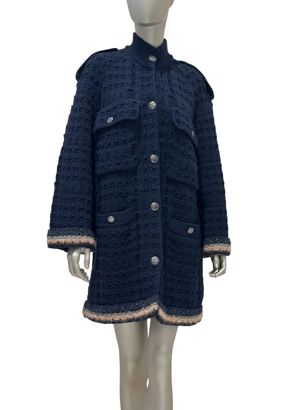 Chanel 13B Black Wool Cashmere Chunky Knit Sweater Coat Sz.38